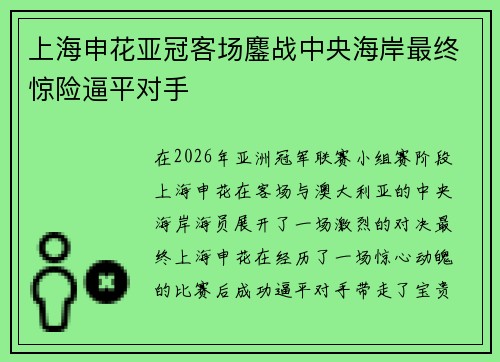 上海申花亚冠客场鏖战中央海岸最终惊险逼平对手 上海申花亚冠客场鏖战中央海岸最终惊险逼平对手